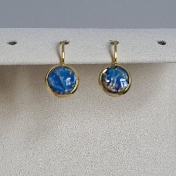 Elegant Hand Crafted Boho Blue Gold Gemstone Marble Circle Drop Dangle Earrings - Picture 4 of 14